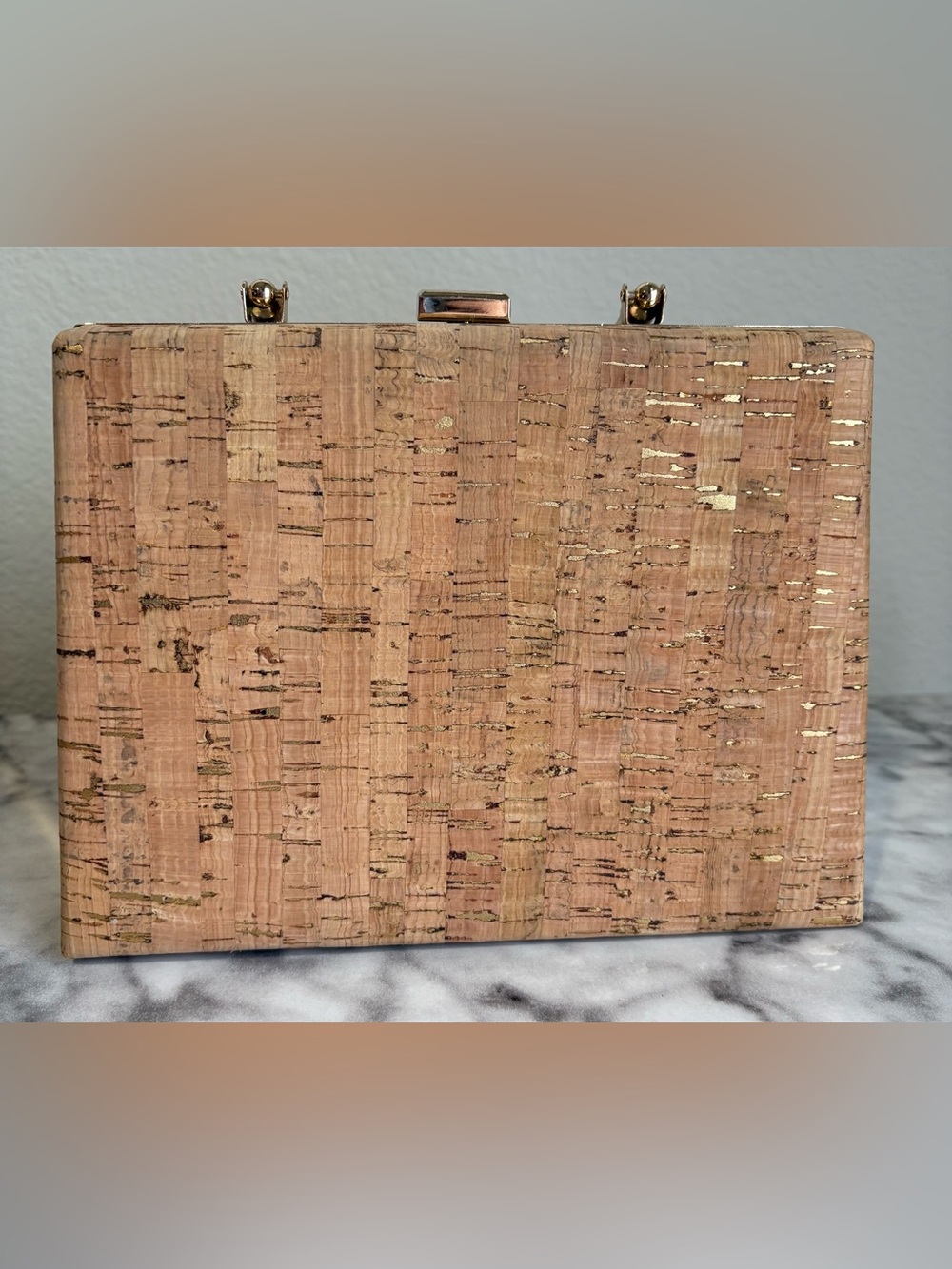 Cork Box Handbag Gold Metallic Fleck Structured Top Handle Purse